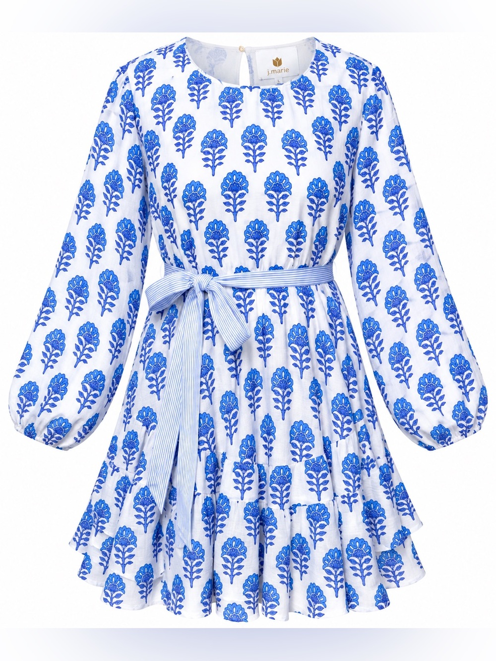 J.Marie NWOT Blue Floral Mini Dress L Belted Coastal Grandmillennial Preppy Boho